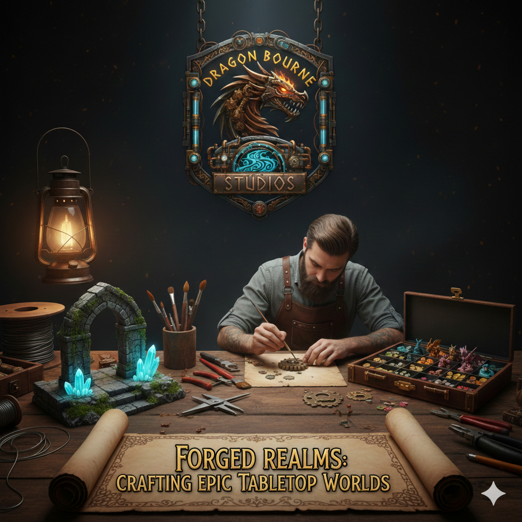 A professional tabletop gaming artisan painting intricate miniatures and assembling steampunk gears at a wooden workbench under a "Dragon Bourne Studios" sign, featuring glowing blue crystals and fantasy terrain pieces.