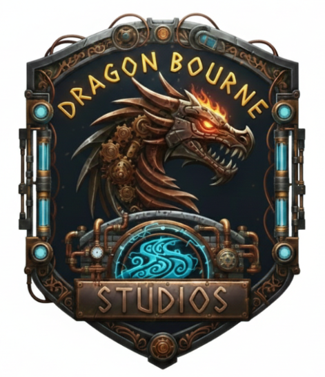 Official Dragon Bourne Studios logo featuring a steampunk dragon with copper gears and glowing orange eyes, framed by industrial metalwork and blue energy vials on a light background.